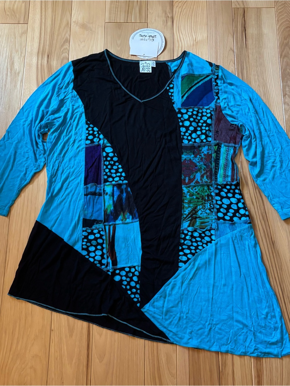 NEW Parsley & Sage Patchwork Blue Black Patterned Asymmetrical Tunic Style Top